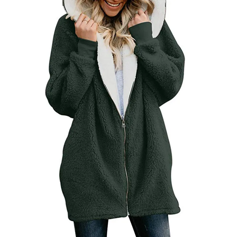 Solid Color Zipper Women Oversized Hooded Plus Size Teddy Coat