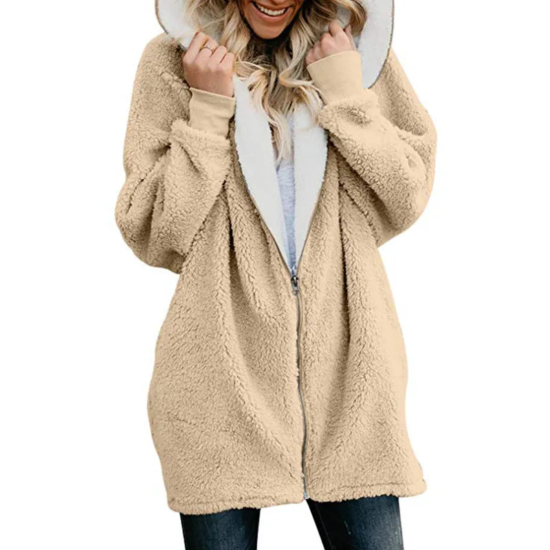 Solid Color Zipper Women Oversized Hooded Plus Size Teddy Coat