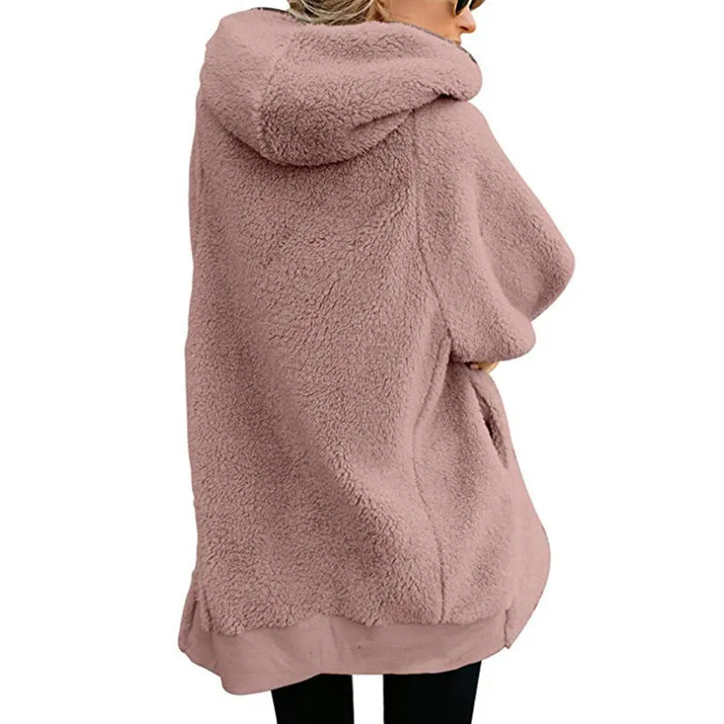 Solid Color Zipper Women Oversized Hooded Plus Size Teddy Coat
