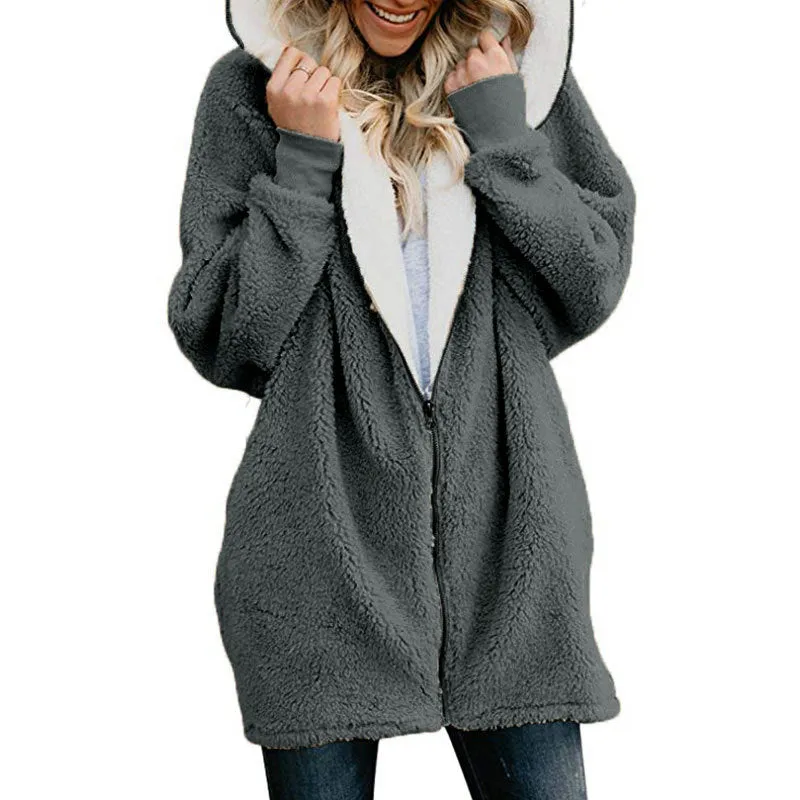 Solid Color Zipper Women Oversized Hooded Plus Size Teddy Coat