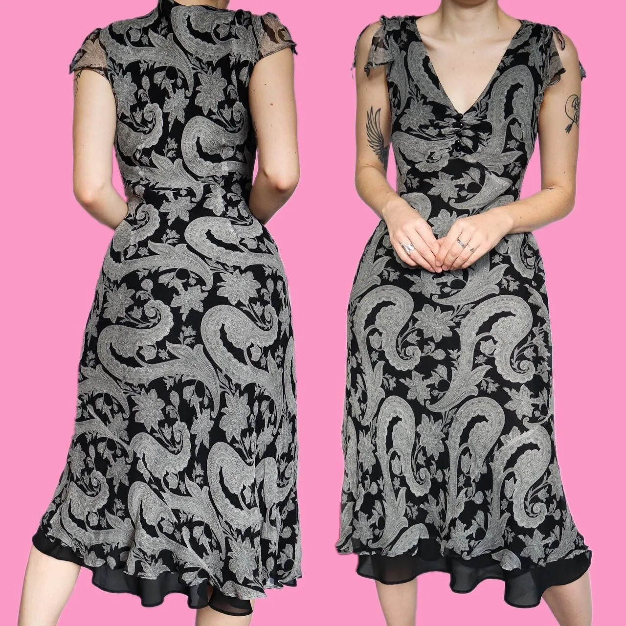 Stunning 100% silk grey/black paisley print midi slip dress UK 10