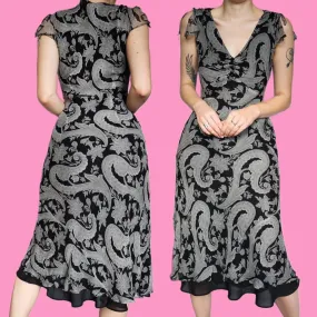 Stunning 100% silk grey/black paisley print midi slip dress UK 10