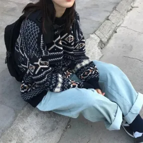 Sweaters Women Jacquard Knitted Casual Lady Pullover Sweater Female Autumn Winter Retro Loose All-match Harajuku Jumper