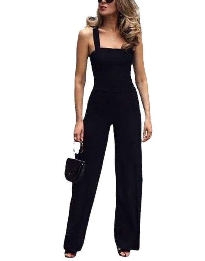 Temperament Commute Wide-leg Pants Straight Mid-waist Backless Black Trousers Thin Jumpsuit