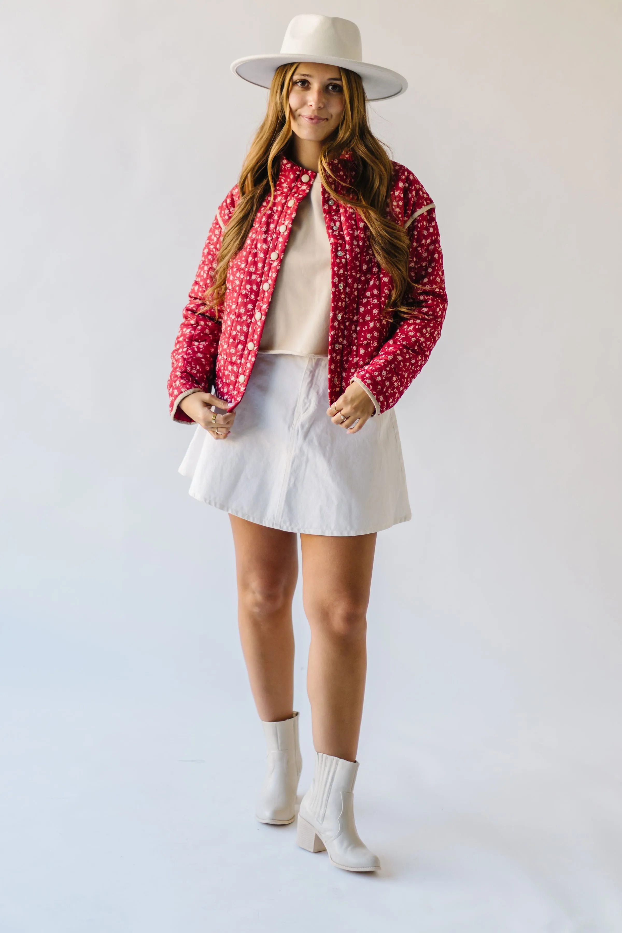 The Eskew Floral Quilted Jacket in Dark Red