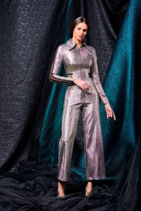 Tie-Up Stretch Metallic Draped Jumpsuit