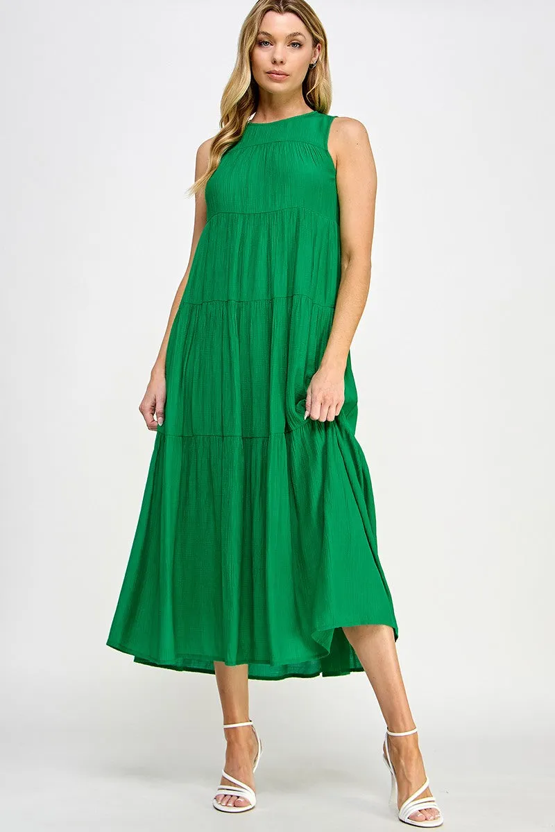 Tiered Sleeveless Solid Color Midi Dress