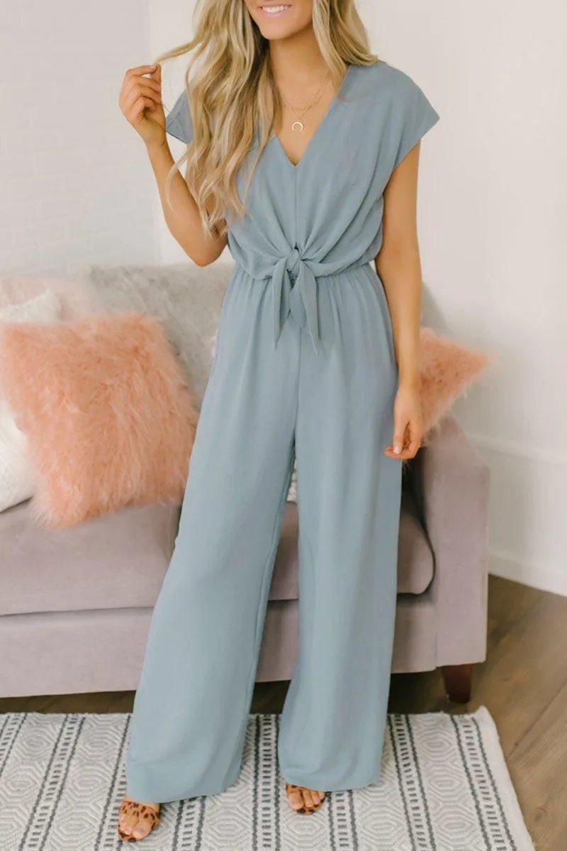 V-neck Tie High Waist Short-sleeved Jumpsuit
