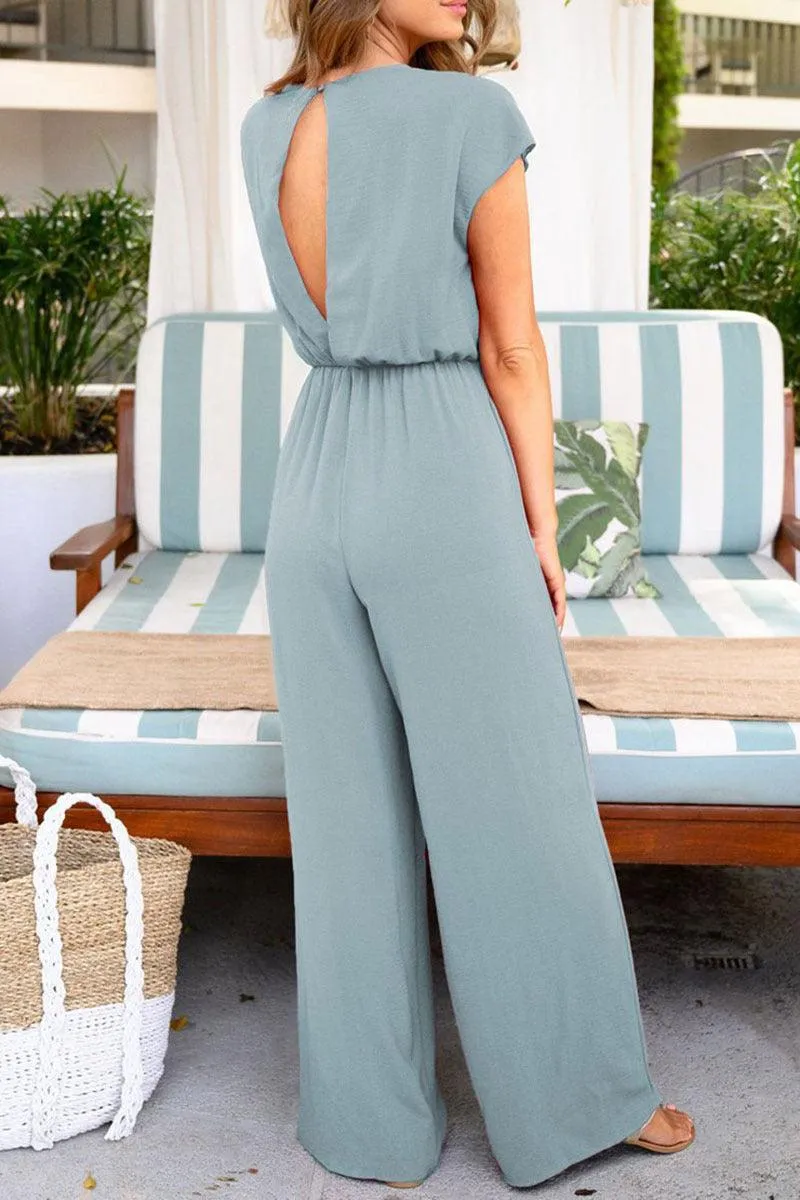 V-neck Tie High Waist Short-sleeved Jumpsuit