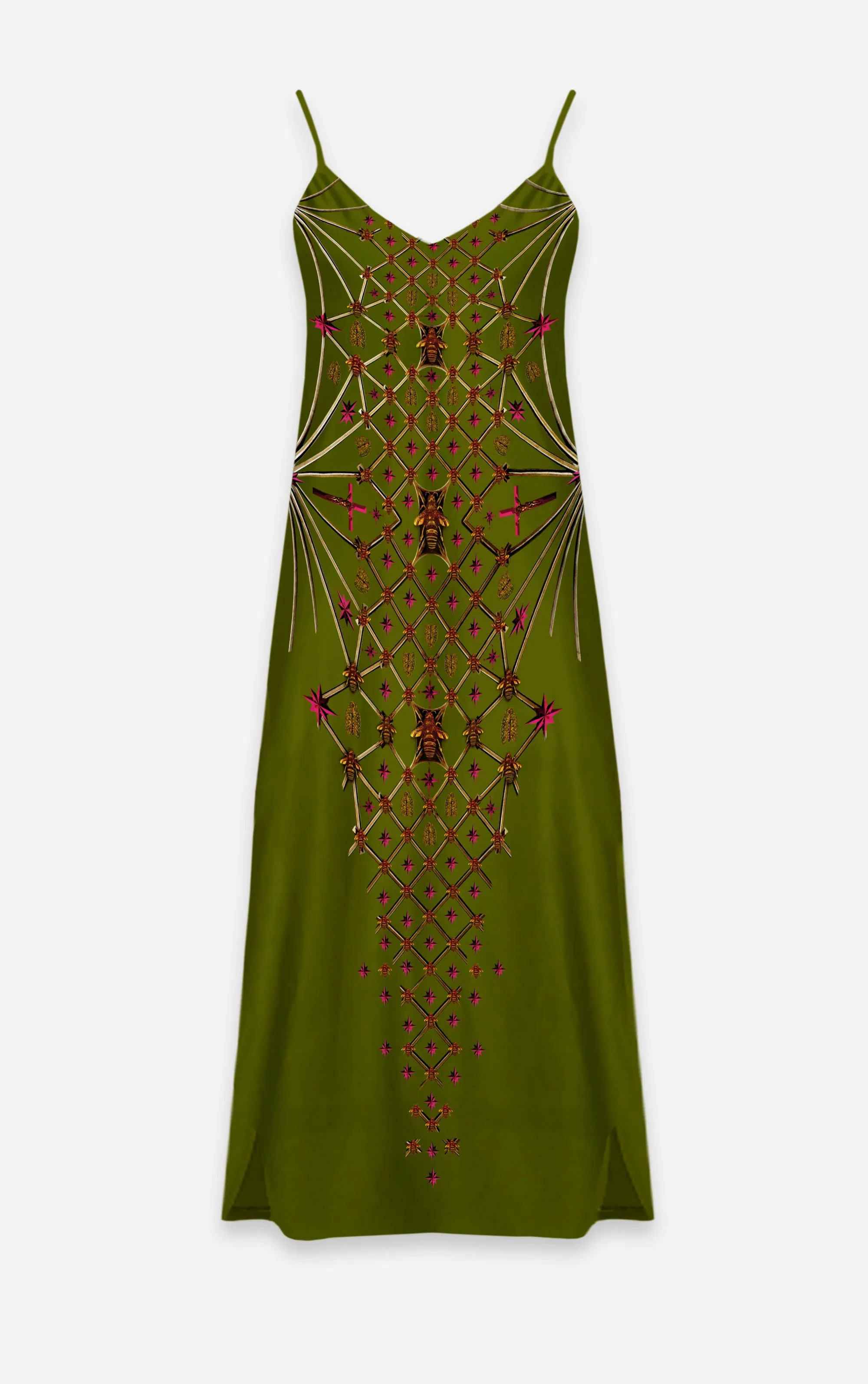 Vee Divergence- French Gothic V Neck Slip Dress in Bold Olive | Le Leanian™