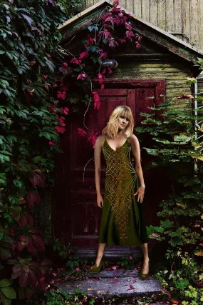 Vee Divergence- French Gothic V Neck Slip Dress in Bold Olive | Le Leanian™