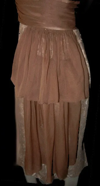 *VINTAGE ANNETTE GOWNS SPARKLING SILVER & MOCHA LACE ILLUSION COCKTAIL DRESS WITH FLOWING DRAPE & METAL ZIPPER