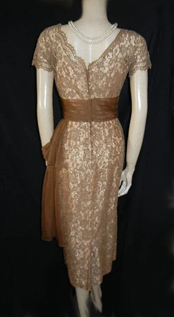 *VINTAGE ANNETTE GOWNS SPARKLING SILVER & MOCHA LACE ILLUSION COCKTAIL DRESS WITH FLOWING DRAPE & METAL ZIPPER