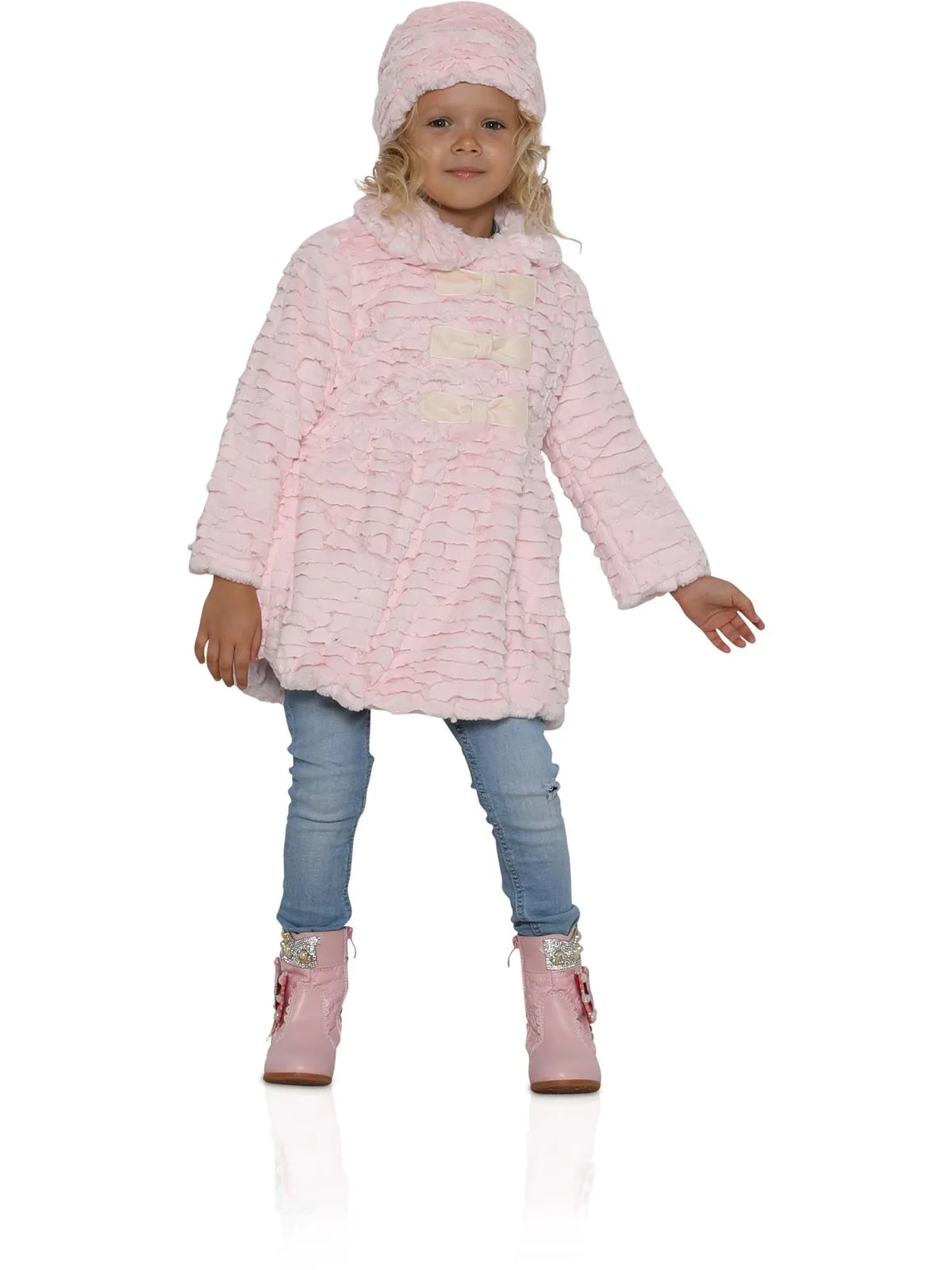 Widgeon Little Girls' 3 Bow Faux Fur Coat with Hat, color Pink