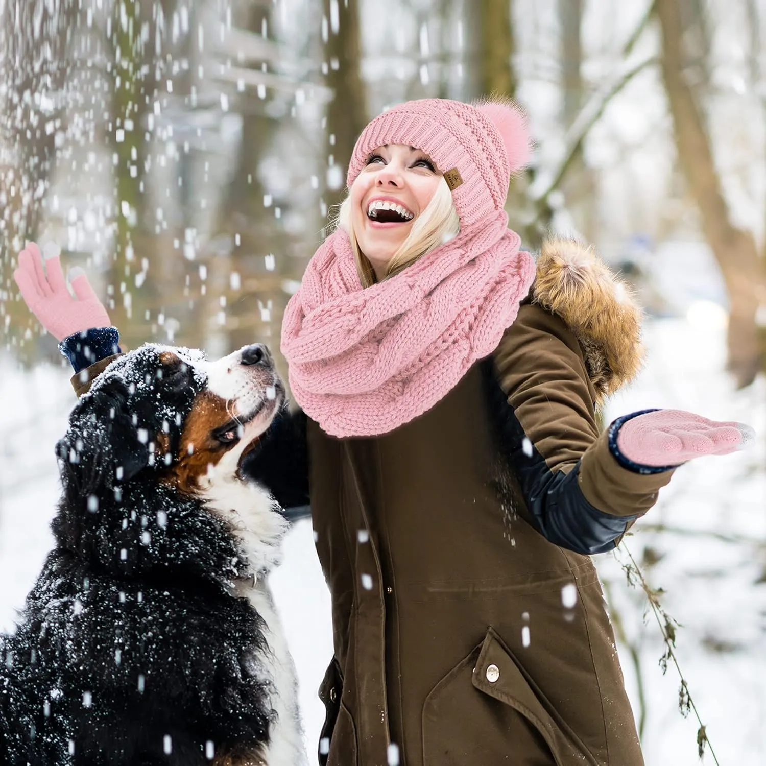 Winter Knit Khaki Beanie Hat, Scarf, Ear Muff & Gloves Set