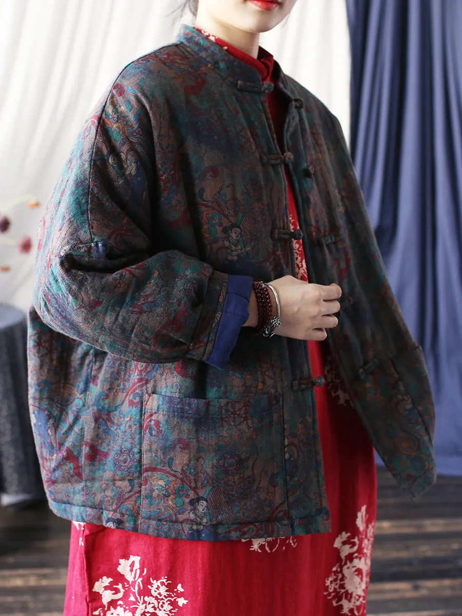 Women Ethnic Print Spliced Buckle Padded Cotton Coat