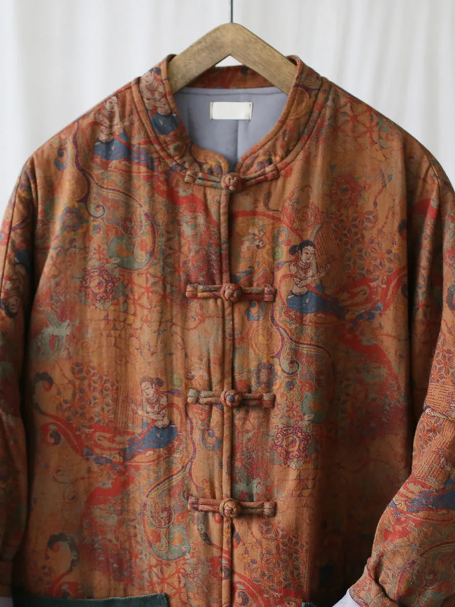 Women Ethnic Print Spliced Buckle Padded Cotton Coat