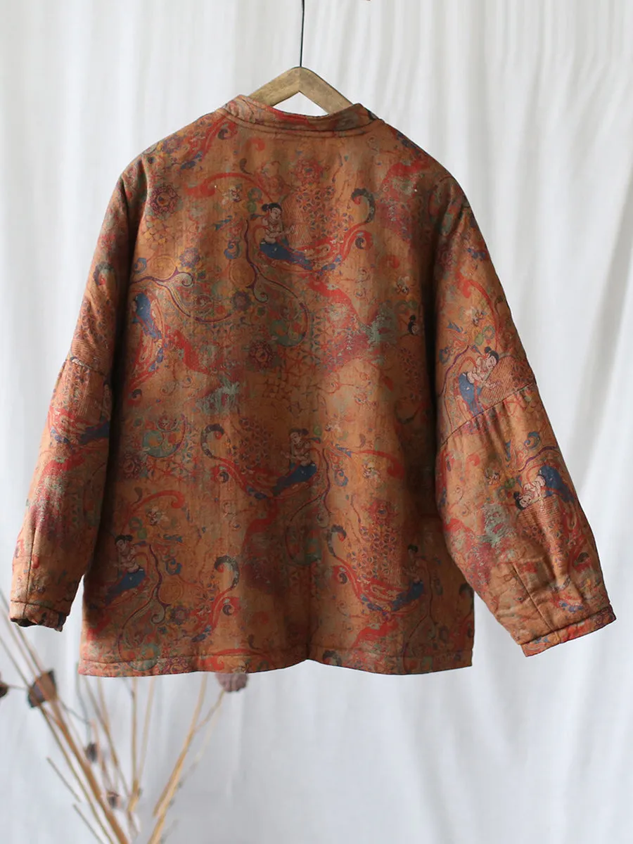 Women Ethnic Print Spliced Buckle Padded Cotton Coat
