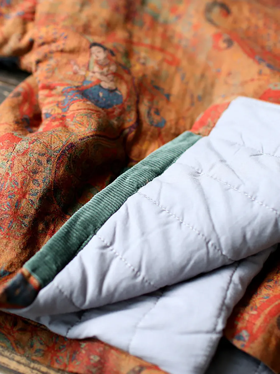 Women Ethnic Print Spliced Buckle Padded Cotton Coat