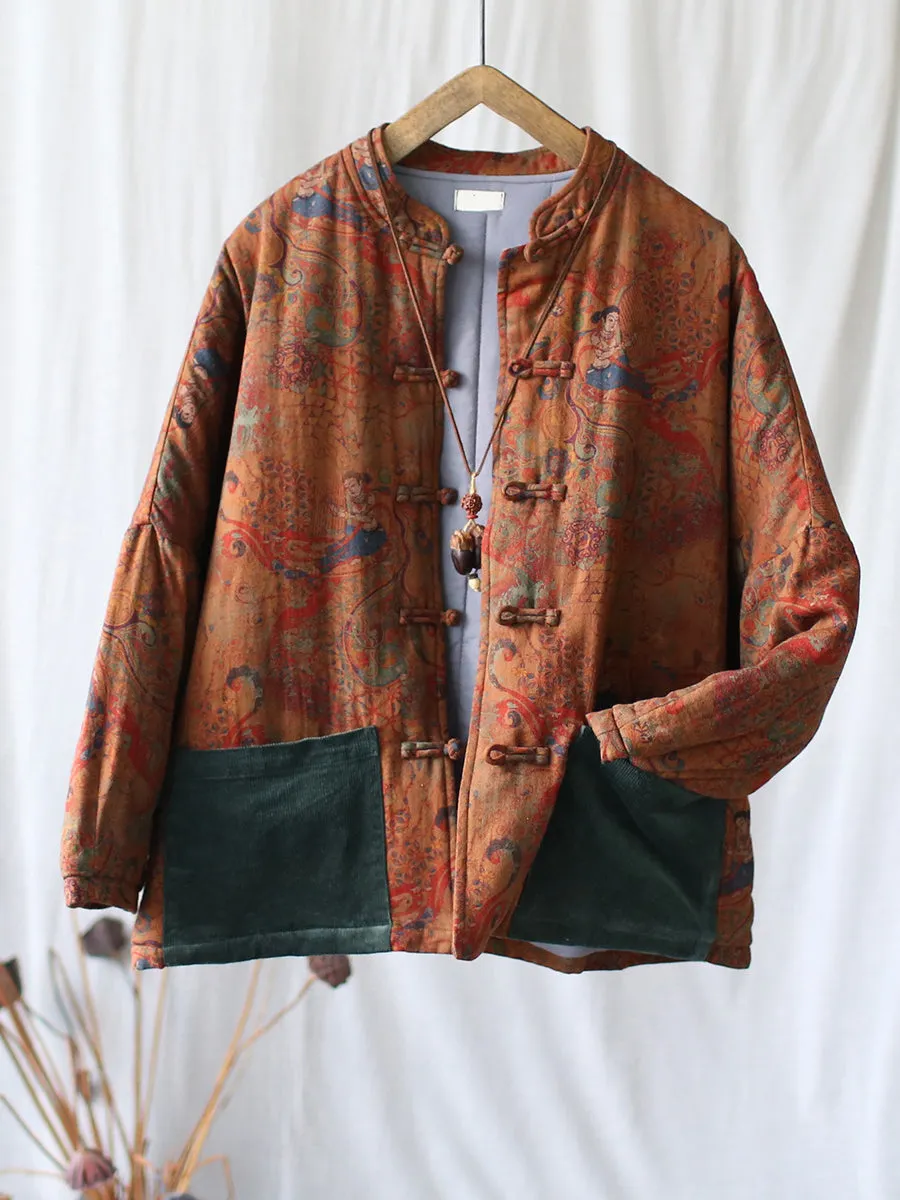 Women Ethnic Print Spliced Buckle Padded Cotton Coat