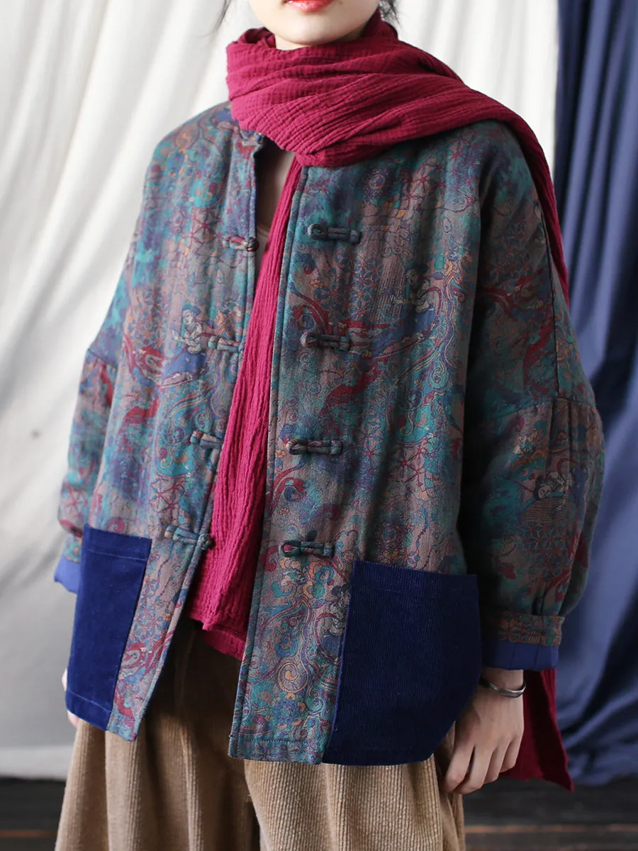 Women Ethnic Print Spliced Buckle Padded Cotton Coat