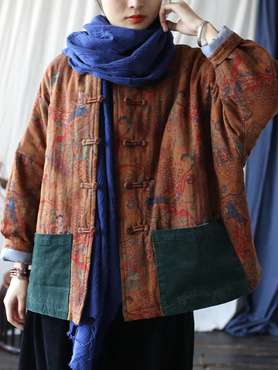 Women Ethnic Print Spliced Buckle Padded Cotton Coat
