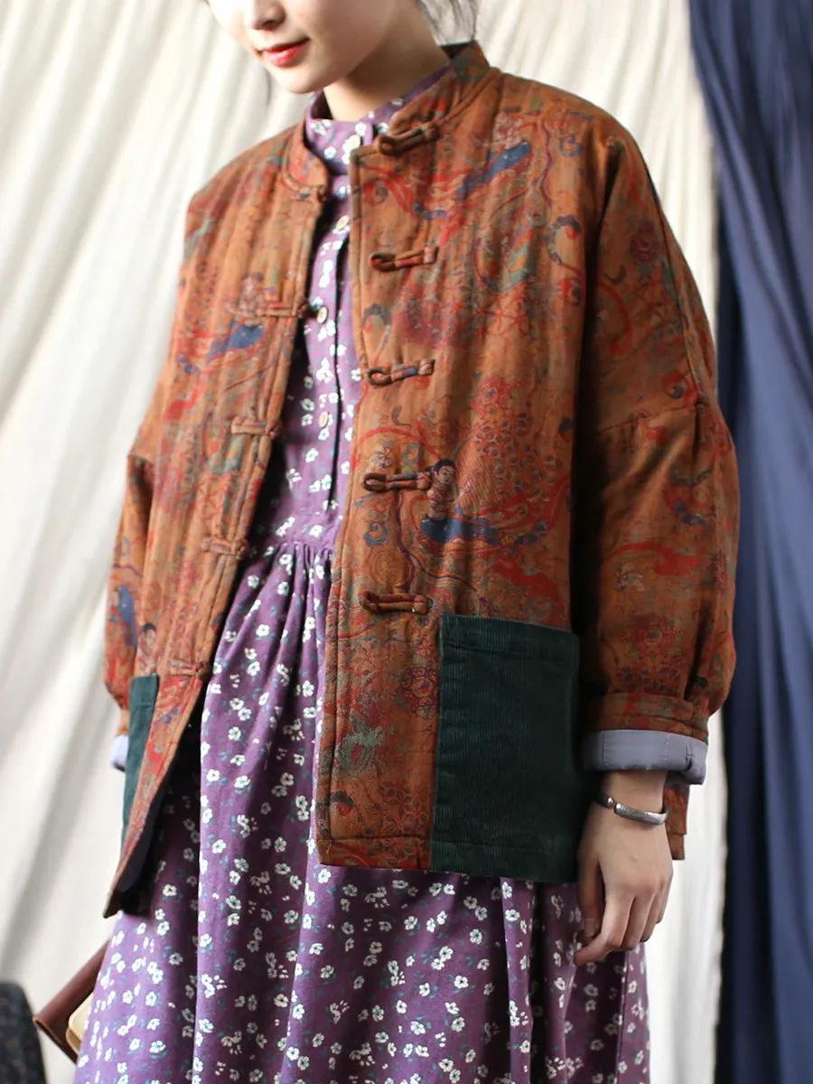 Women Ethnic Print Spliced Buckle Padded Cotton Coat