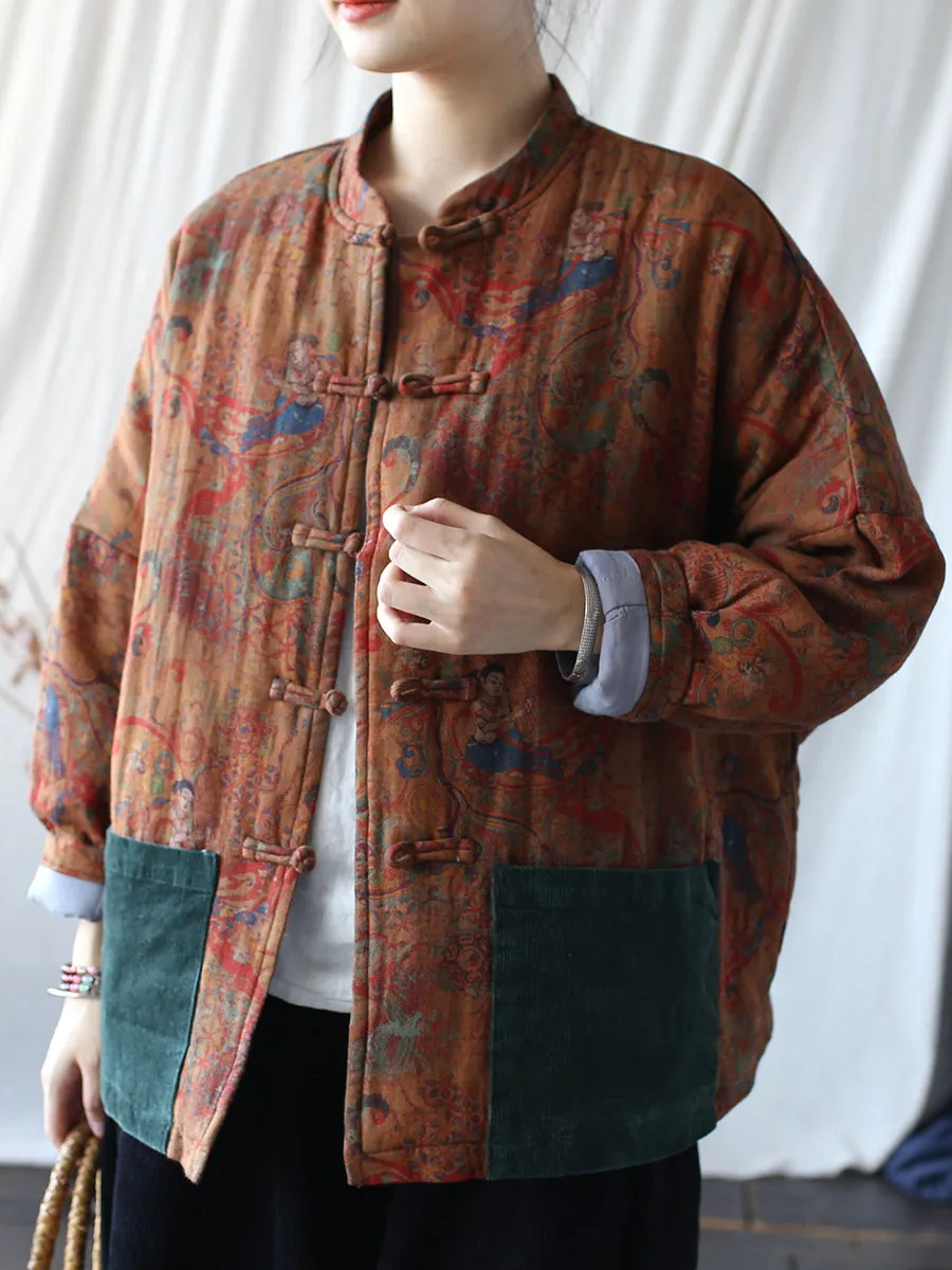 Women Ethnic Print Spliced Buckle Padded Cotton Coat