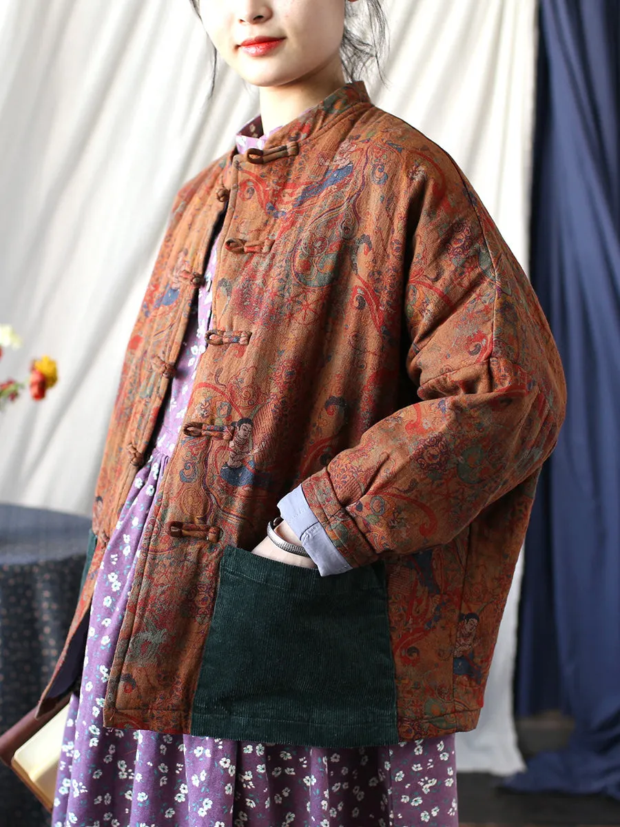 Women Ethnic Print Spliced Buckle Padded Cotton Coat