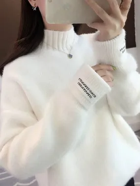 Women Half Turtleneck Sweater Autumn Loose Wool Pullover Knitted Jumper Long Sleeve Letter Top Casual Warm Ladies Blouse