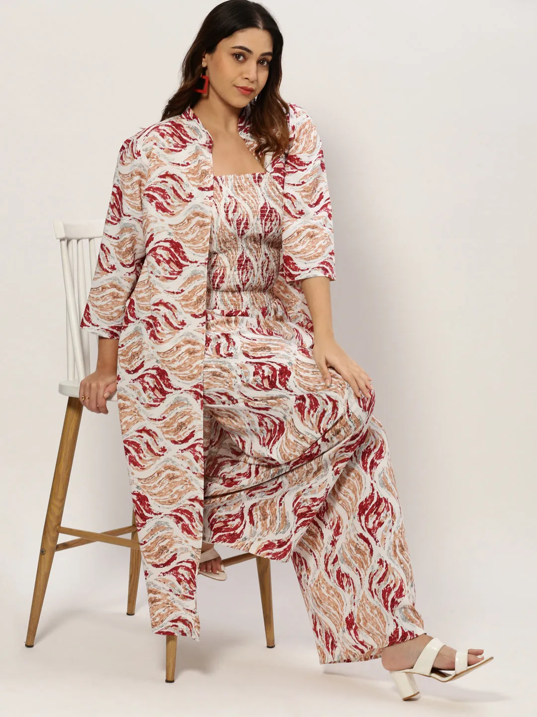 Women Printed Shoulder Straps White Sleeveless Basic Jumpsuit