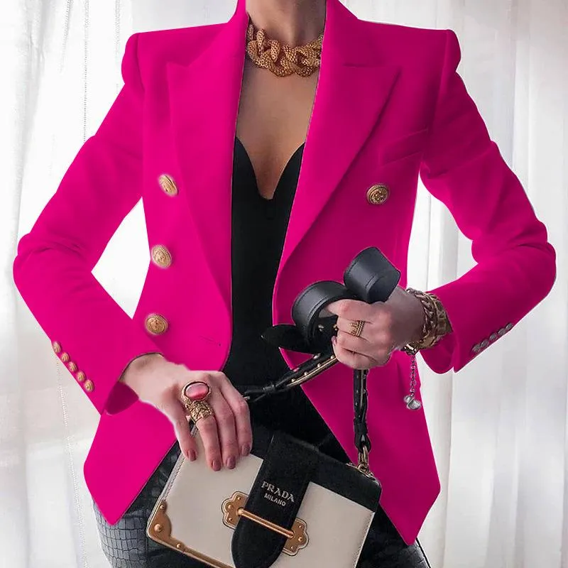 Women suit solid color pockets long sleeve double breasted coat