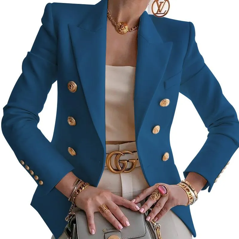 Women suit solid color pockets long sleeve double breasted coat