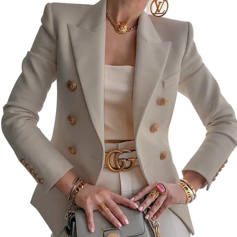 Women suit solid color pockets long sleeve double breasted coat