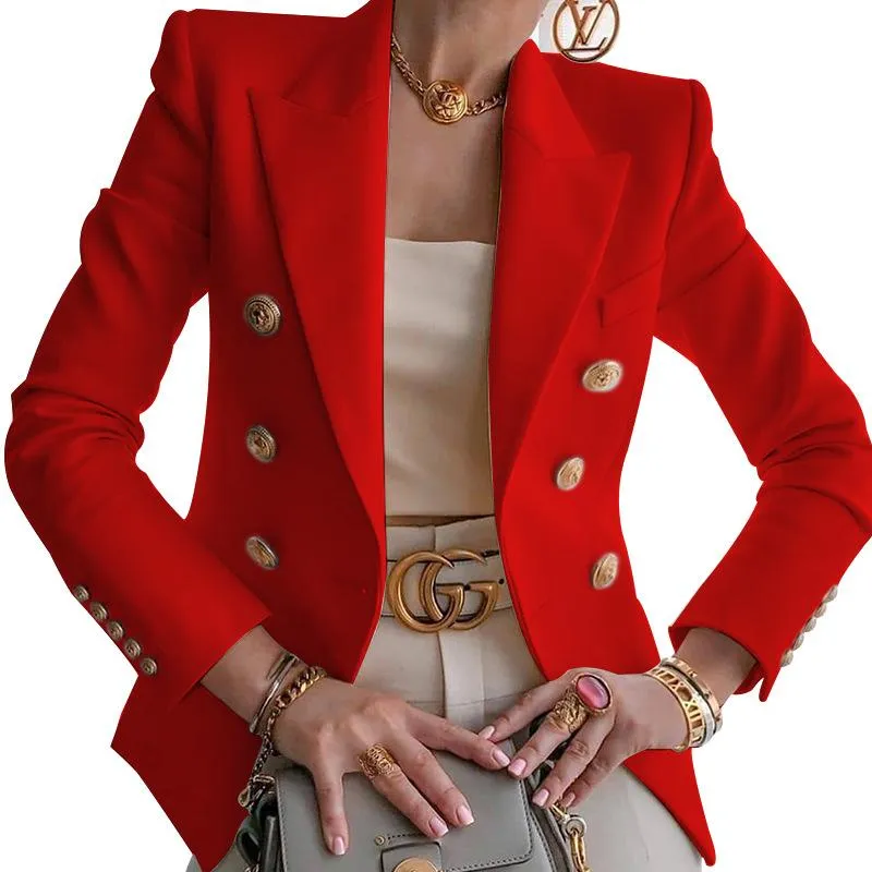 Women suit solid color pockets long sleeve double breasted coat
