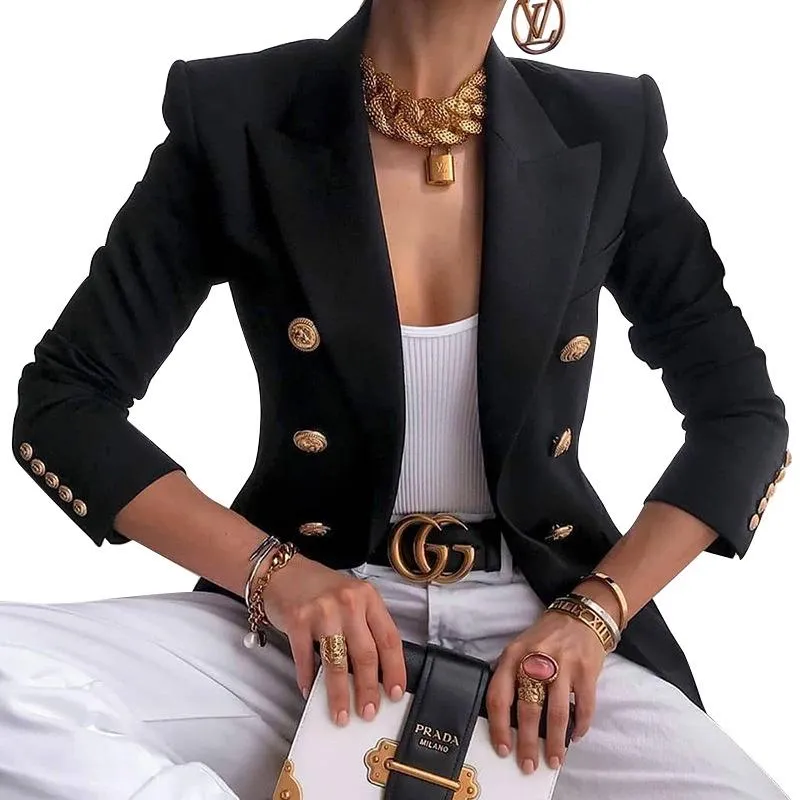 Women suit solid color pockets long sleeve double breasted coat