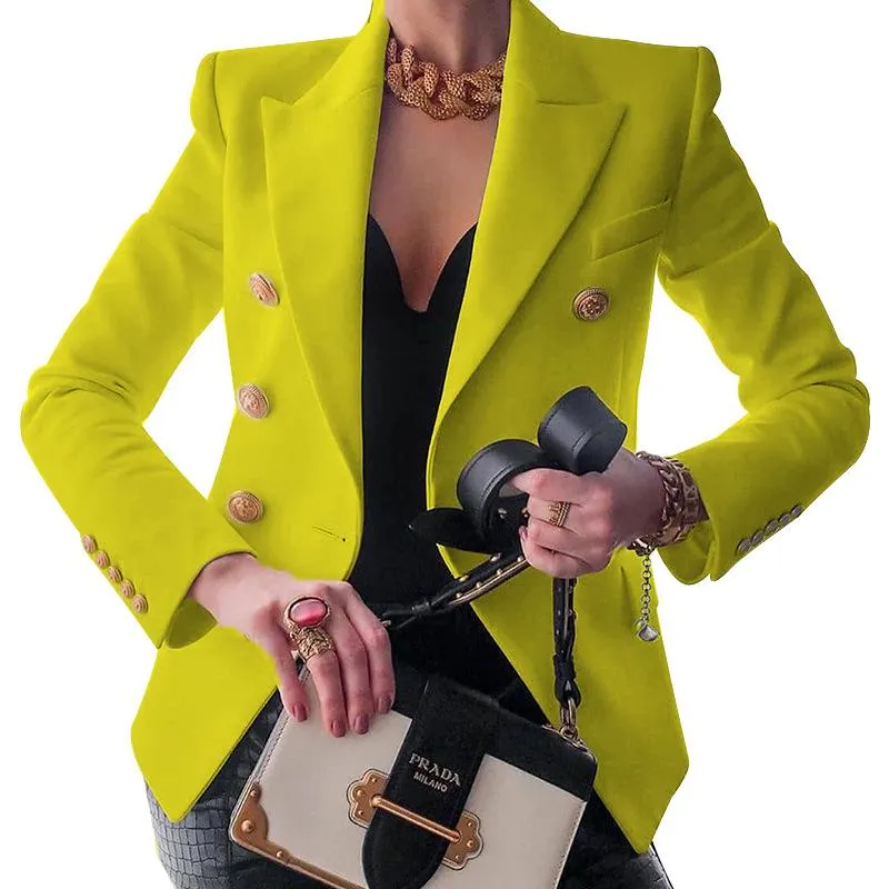 Women suit solid color pockets long sleeve double breasted coat