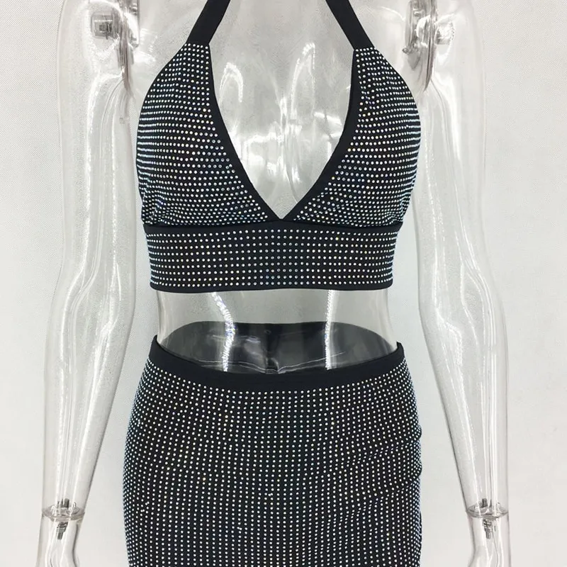 Women's Summer Sheath Two-Piece Dress With Crystals