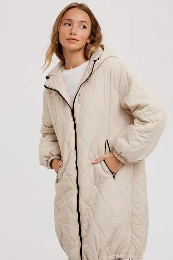 Women's/Junior Long Quilted Hooded Coat - Milk Latte