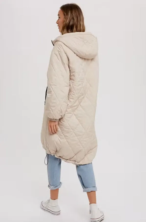 Women's/Junior Long Quilted Hooded Coat - Milk Latte
