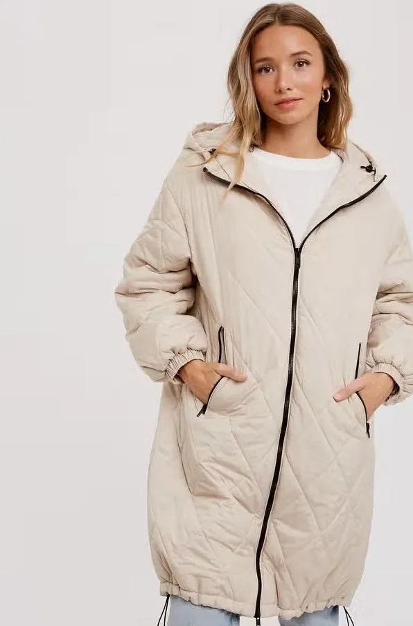 Women's/Junior Long Quilted Hooded Coat - Milk Latte